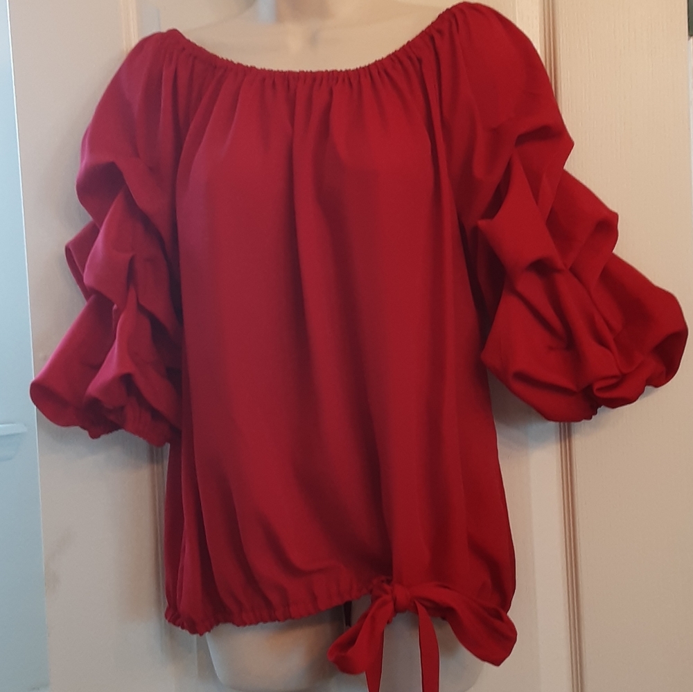 MSK Red Ruffle Sleeve Top - Picture 2 of 12